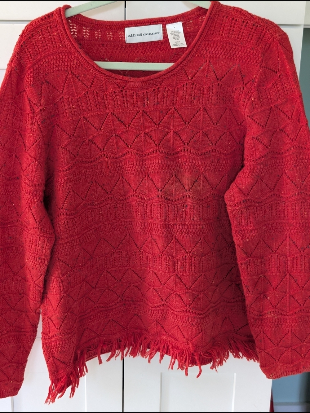 Alfred Dunner Bright Red Open-Knit Fringe Hem Scoop Neck Sweater
